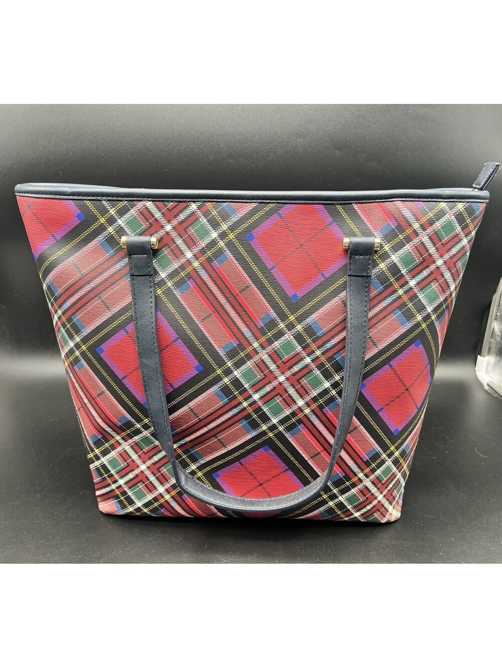 Talbots Classic Red Tartan Plaid Poly Black Leather Handles Shoulder Tote Bag